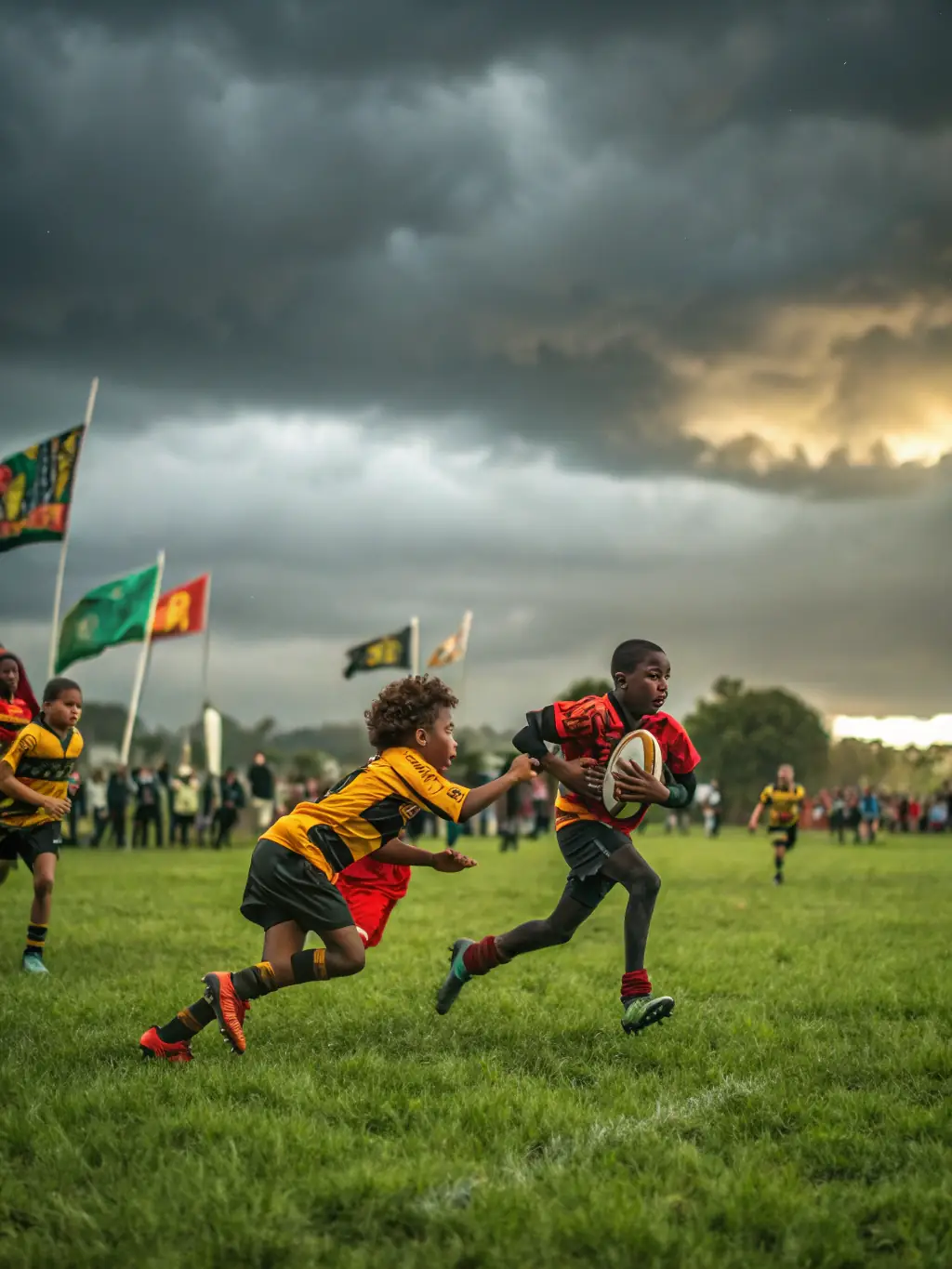 A group of young football players celebrating a goal, showcasing their teamwork and camaraderie.