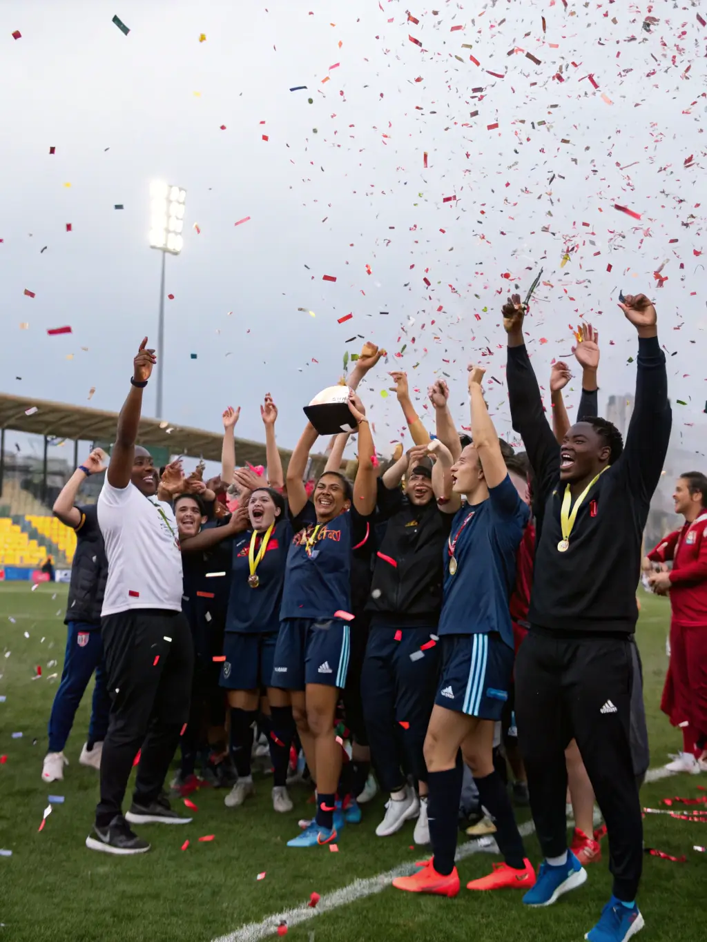A diverse group of young people celebrating a victory, highlighting the values of teamwork and fair play.