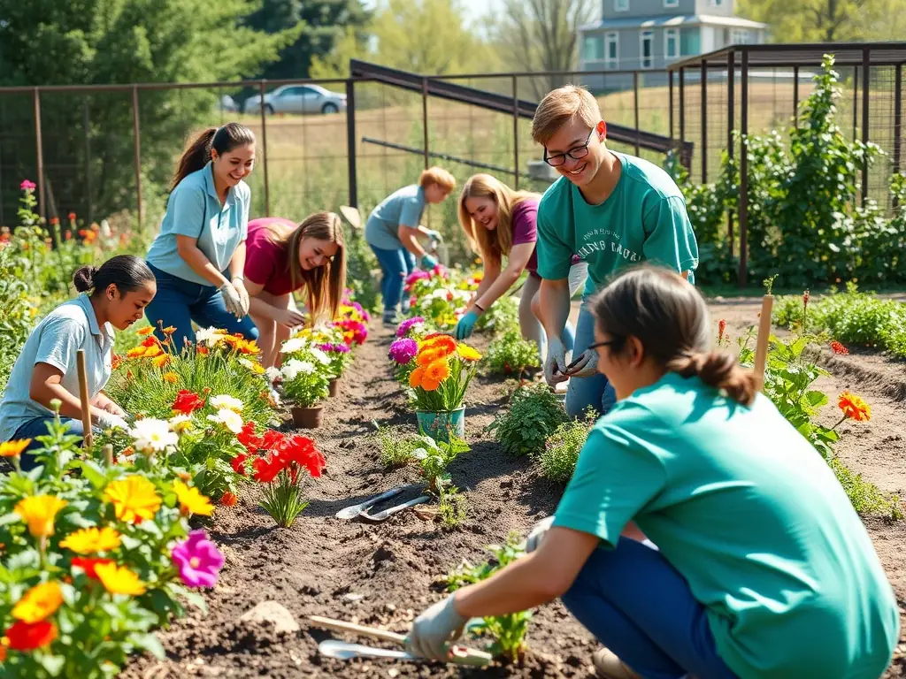 A photograph capturing a group of young volunteers assisting with a local community project, emphasizing the importance of social responsibility and youth empowerment. The scene is set in a community garden with smiling faces.