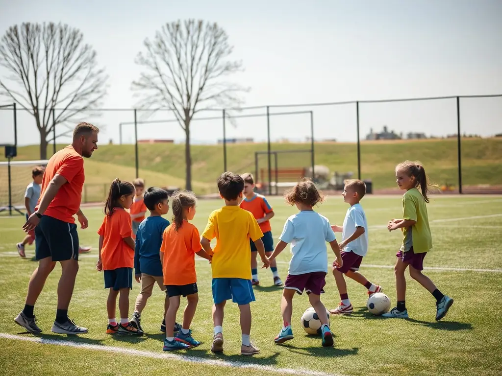 A vibrant image depicting a group of young children participating in a football training session, showcasing teamwork and enthusiasm. The background includes a well-maintained football field and supportive coaches.