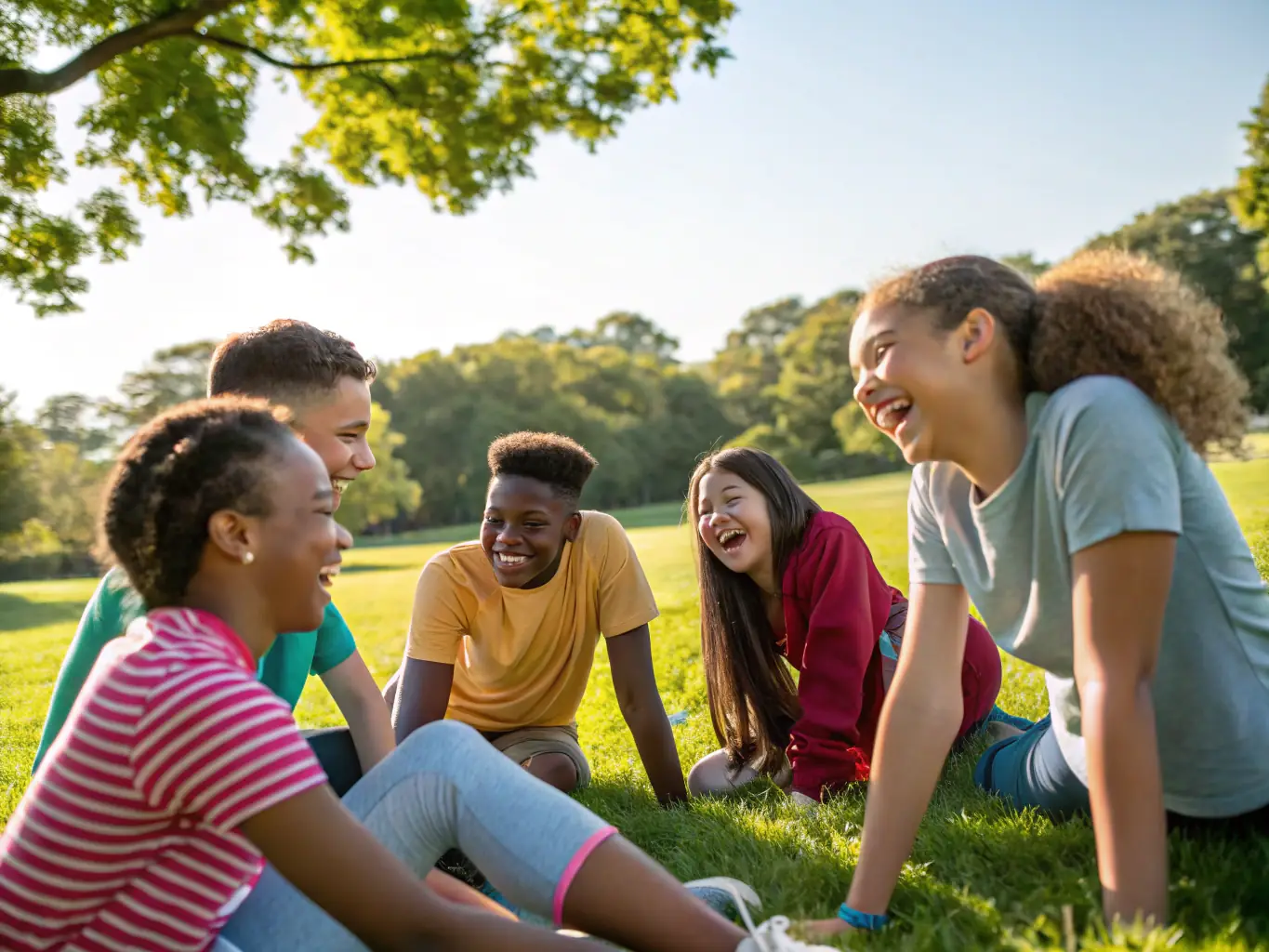 An image showing a diverse group of teenagers engaged in a community sports event, highlighting the spirit of inclusion and active participation. The setting is a local park with families cheering on the participants.