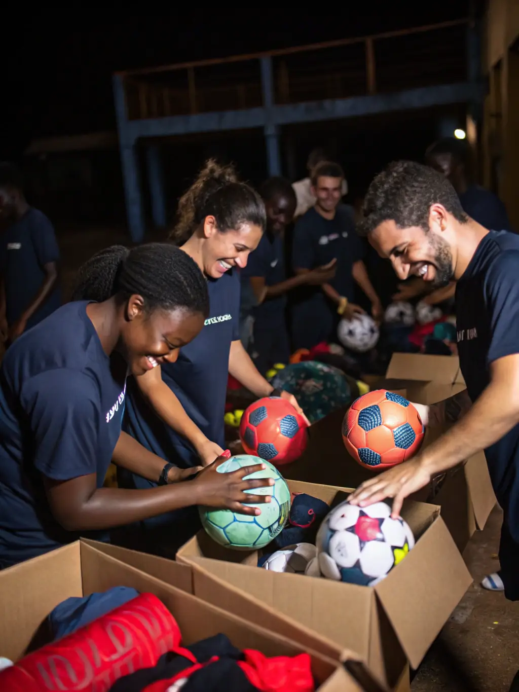 An image of volunteers and staff members of JABA working together to set up a football event, highlighting their dedication and commitment to serving the community.