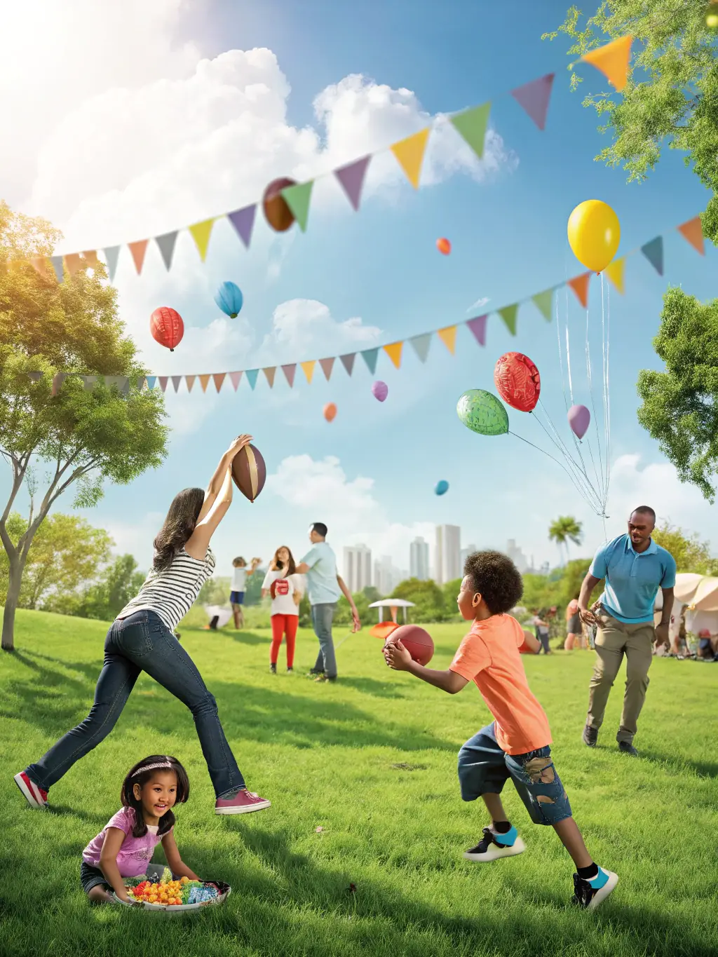 A photo of a community event organized by JABA, featuring families and local residents engaging in football-related activities and games, promoting community spirit and active lifestyles.