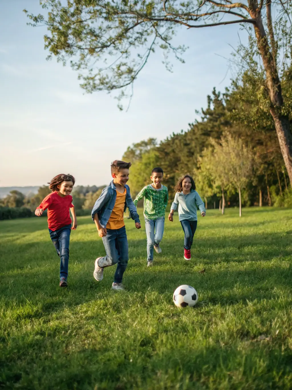 A vibrant image of young children participating in a football training session, showcasing teamwork and enthusiasm, set against the backdrop of a sunny football field in Angouleme.