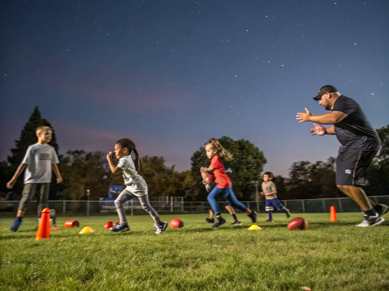 A group of young football players participating in a training session, focusing on teamwork and skill development, with a coach providing guidance.