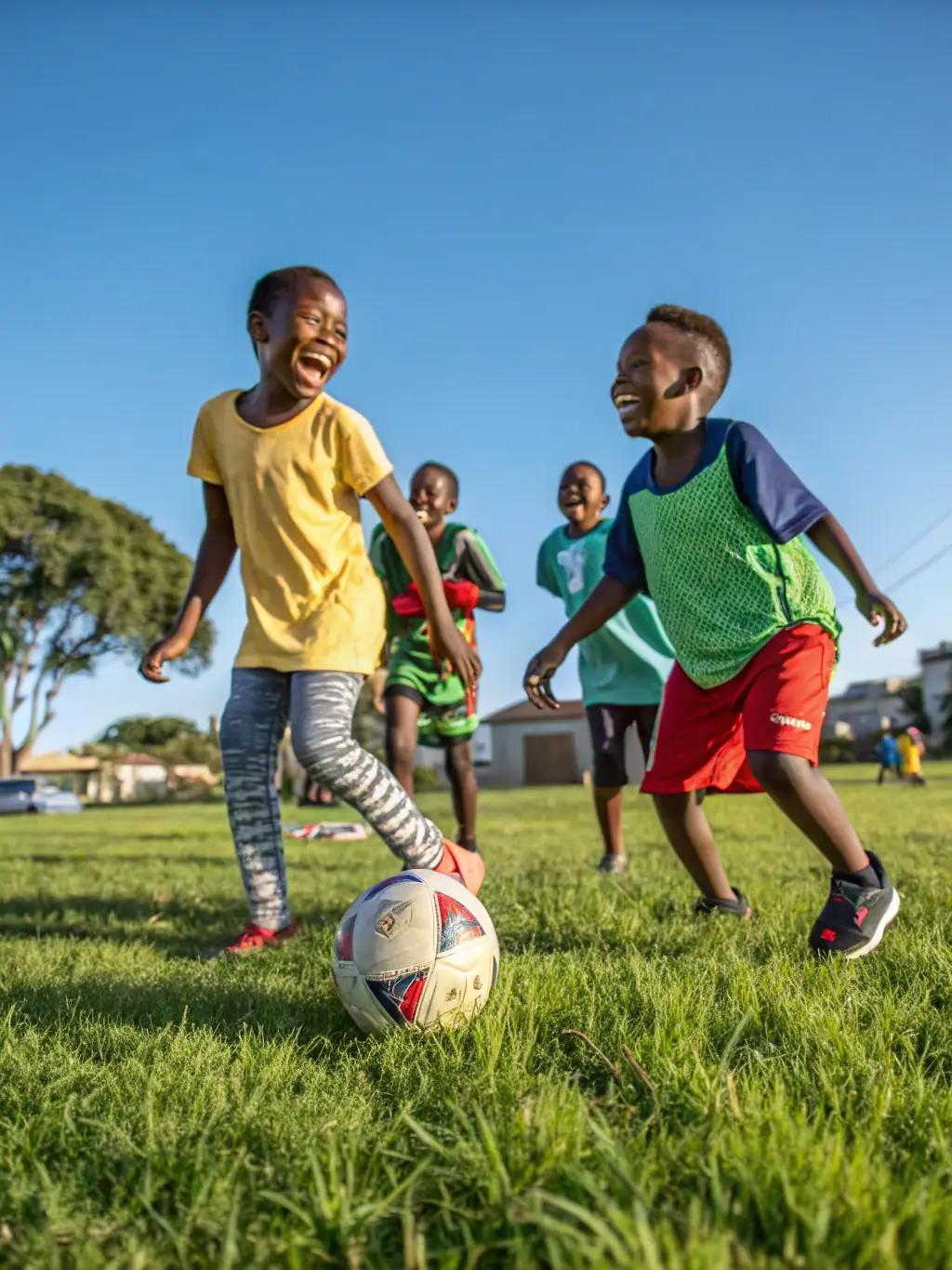 A photo of a community football event, with families and children actively participating and enjoying the activities.