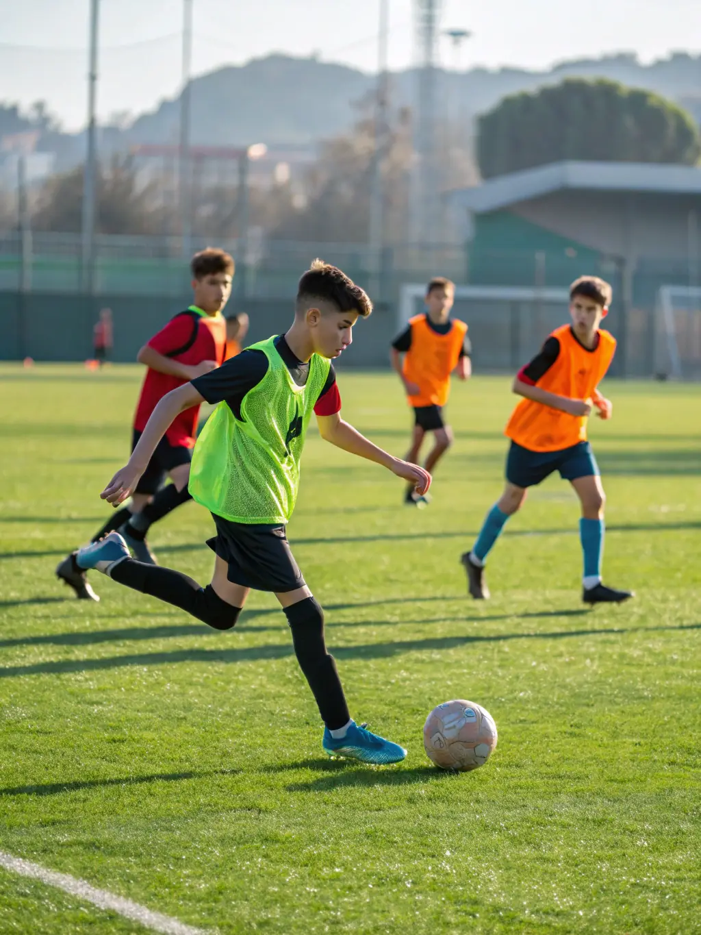 A dynamic shot of a football match involving youth teams, capturing the excitement and competitive spirit of the game, with coaches providing guidance from the sidelines.